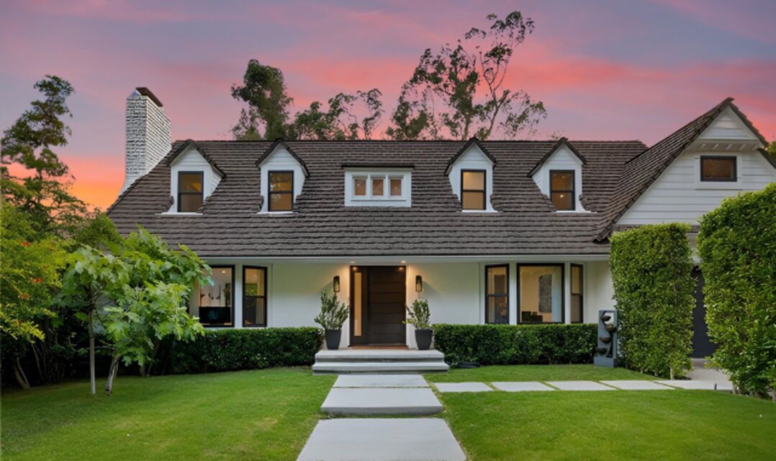Traditional facade of 343 Veteran Avenue in Westwood at dusk